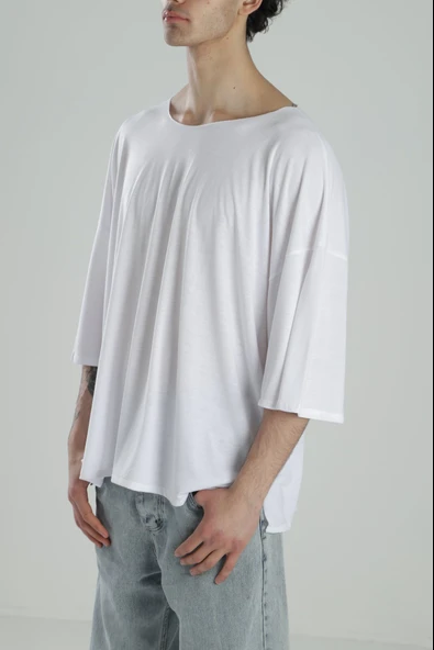 Fakir Kol Beyaz Oversize Viscon T-Shirt - 2