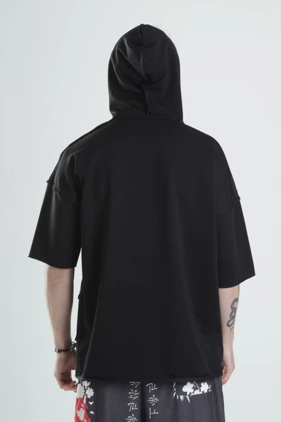 Avangard Siyah Kapüşonlu T-Shirt - 5