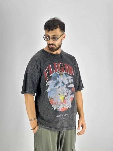 Erkek Yıkamalı Kumaş Baskılı T-Shirt - 2