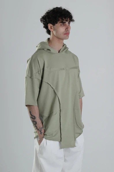 Avangart Yeşil Kapüşonlu T-Shirt - 4