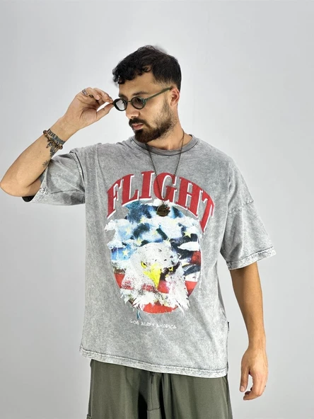 Erkek Yıkamalı Kumaş Baskılı T-Shirt - 2