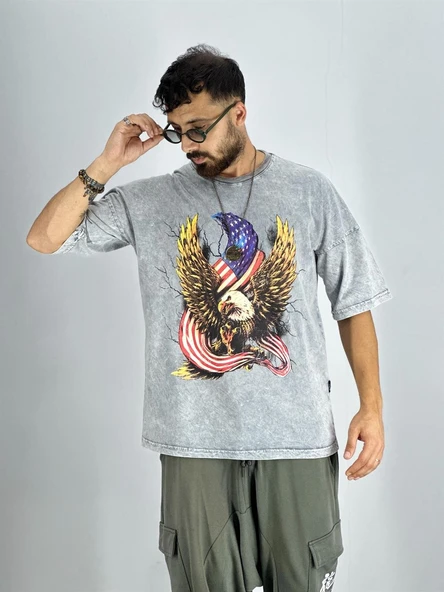 Erkek Yıkamalı Kumaş Baskılı T-Shirt - 2
