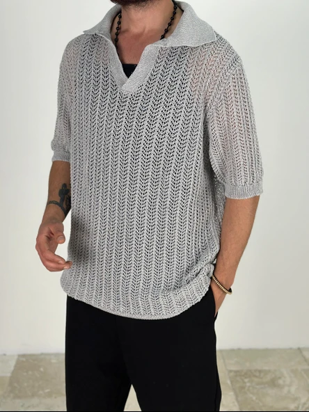 Örme Triko Polo Gri T-Shirt - 3