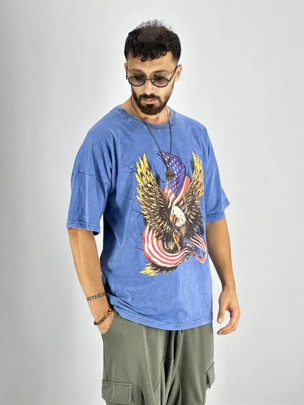 Erkek Yıkamalı Kumaş Baskılı T-Shirt - 3