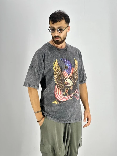 Erkek Yıkamalı Kumaş Baskılı T-Shirt - 3