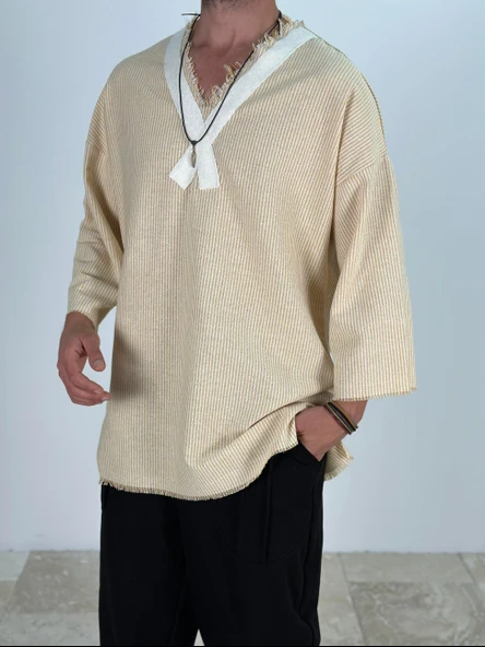 Etnik Desenli Sarı Çizgili Fakir Kol T-Shirt - 3