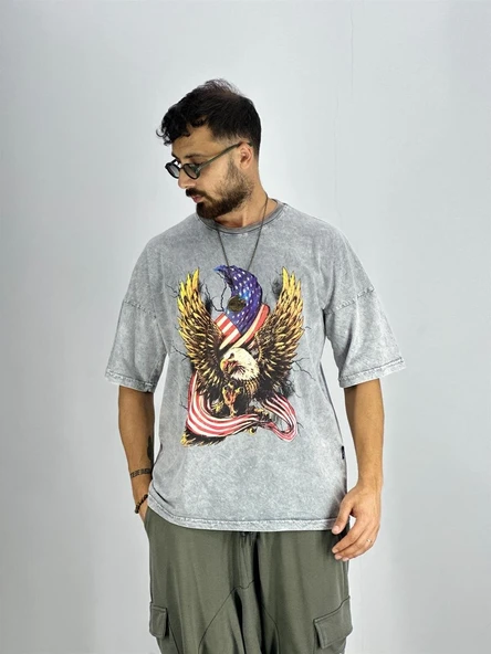 Erkek Yıkamalı Kumaş Baskılı T-Shirt
