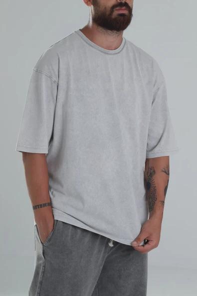 Yıkamalı Gri Oversize T-Shirt