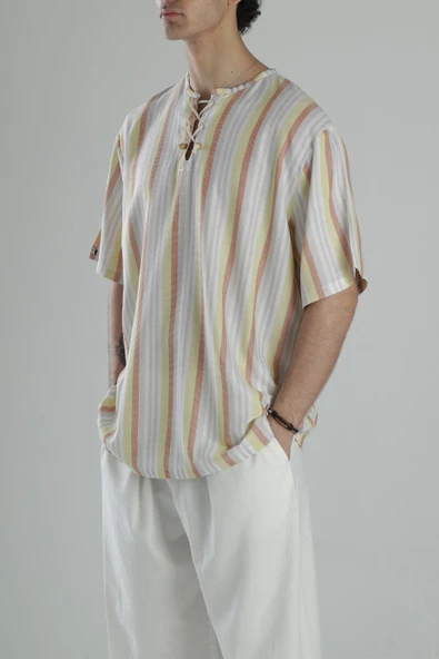 Çizgili İp Detaylı T-Shirt - 2