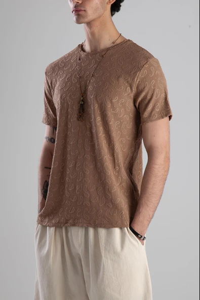 Jakarlı Kahve Örme T-Shirt - 2