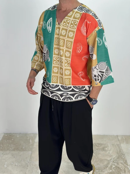 Etnik Desenli Fakir Kol T-Shirt - 3