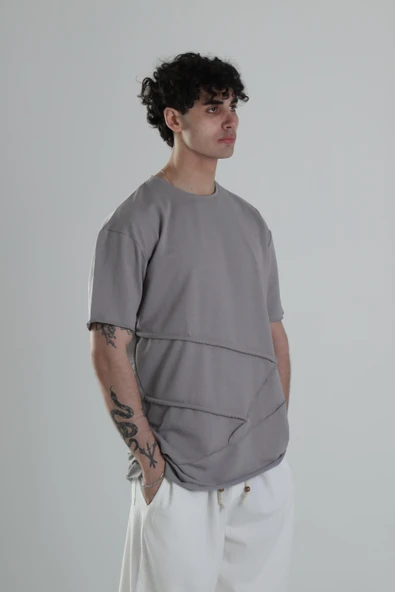 Gri Halat Detaylı Tasarım T-Shirt - 4