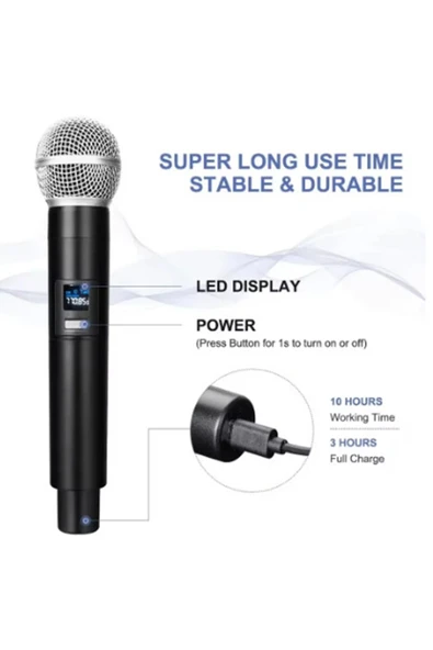 Profesyonel Çiftli Kablosuz Mikrofon Seti Karaoke Şarj Edilebilir 50 Metre Mesafe - 6