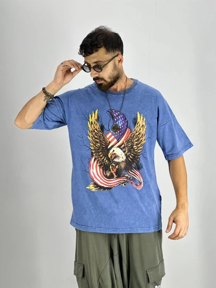 Erkek Yıkamalı Kumaş Baskılı T-Shirt - 2