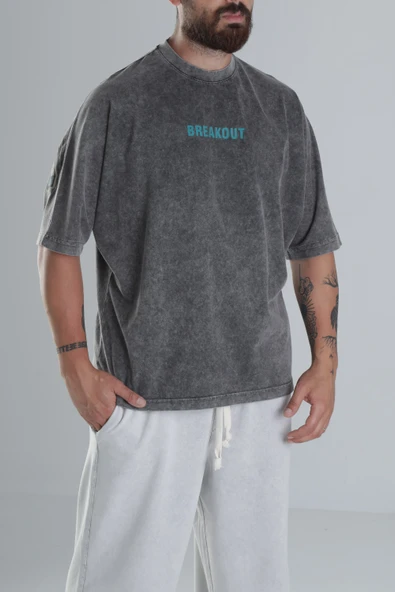Breakout Yıkamalı Antrasit Oversize Tasarım T-Shirt
