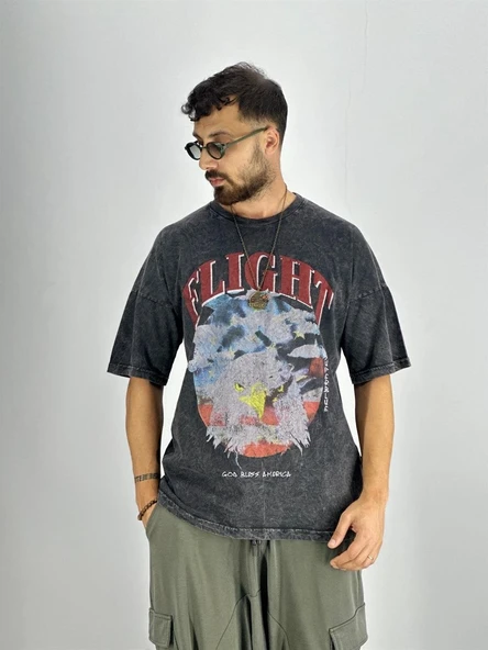 Erkek Yıkamalı Kumaş Baskılı T-Shirt