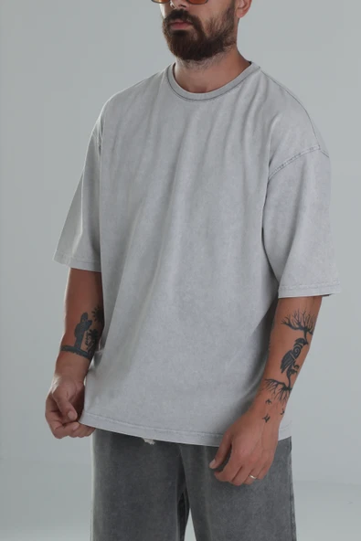 Yıkamalı Gri Oversize T-Shirt - 2