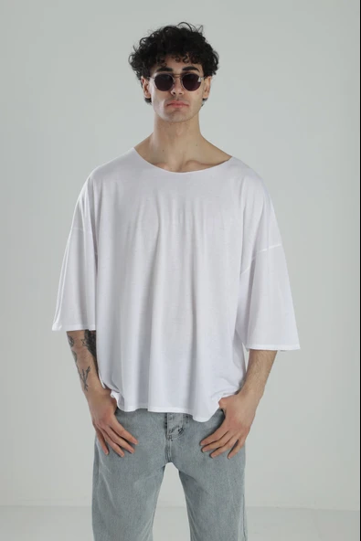 Fakir Kol Beyaz Oversize Viscon T-Shirt - 1