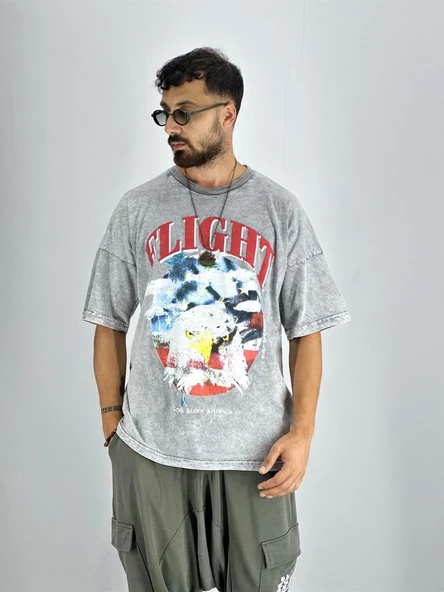 Erkek Yıkamalı Kumaş Baskılı T-Shirt