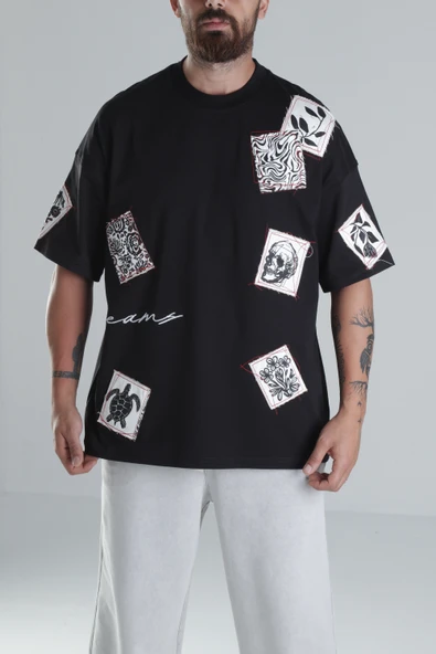 Yama Desenli Siyah Tasarım T-Shirt - 4