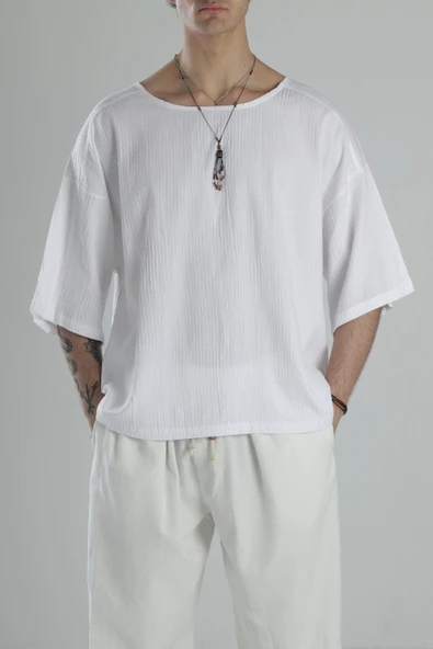 Müslin Kumaş Fakir Kol Beyaz T-Shirt - 1