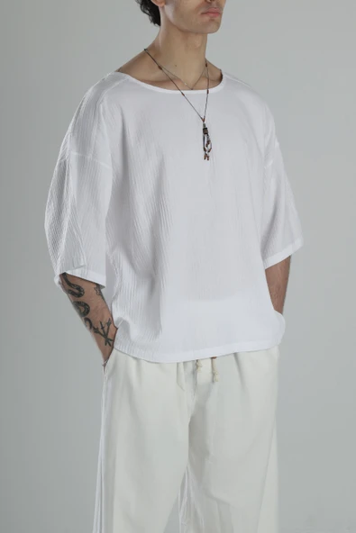 Müslin Kumaş Fakir Kol Beyaz T-Shirt - 3