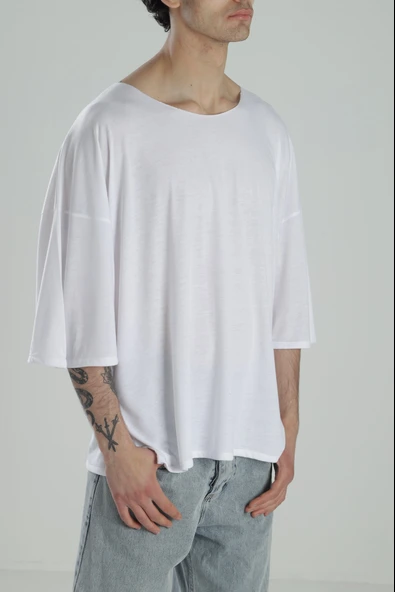 Fakir Kol Beyaz Oversize Viscon T-Shirt - 3