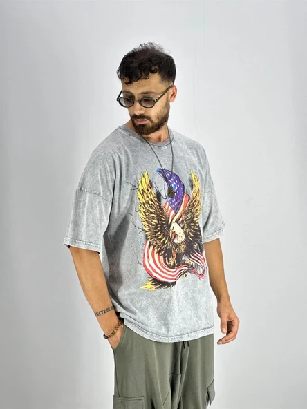 Erkek Yıkamalı Kumaş Baskılı T-Shirt - 3