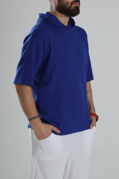 Kapüşonlu Mavi T-Shirt - 3