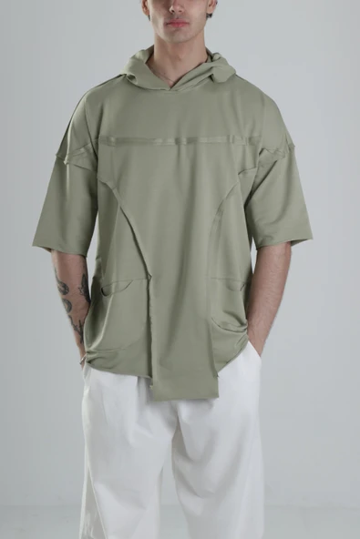 Avangart Yeşil Kapüşonlu T-Shirt