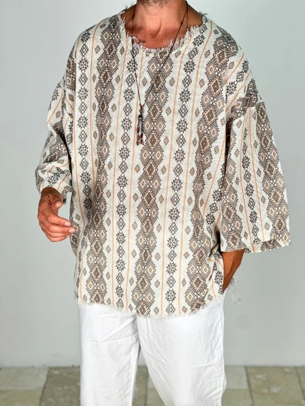 Çizgili Desenli Bohem Fakir Kol T-Shirt - 2