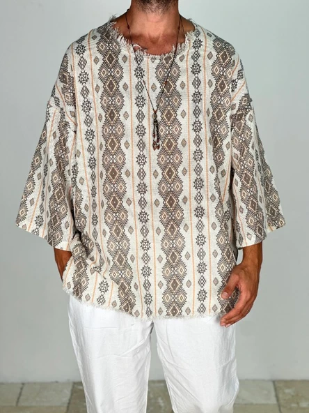 Çizgili Desenli Bohem Fakir Kol T-Shirt