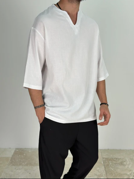 Müslin Kumaş Fakir Kol Beyaz T-Shirt - 2
