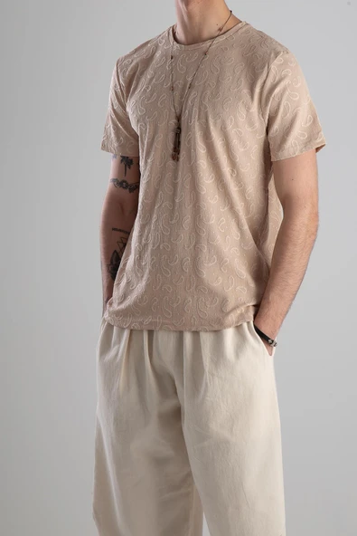 Jakarlı Krem Örme T-Shirt - 3