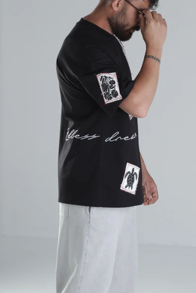 Yama Desenli Siyah Tasarım T-Shirt - 3