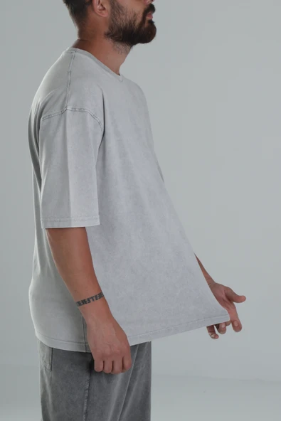 Yıkamalı Gri Oversize T-Shirt - 3