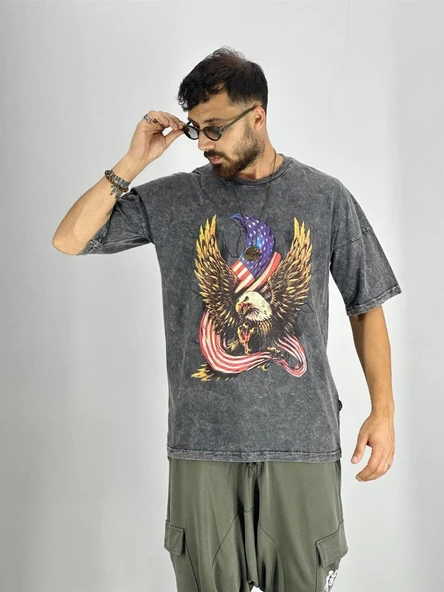 Erkek Yıkamalı Kumaş Baskılı T-Shirt - 2