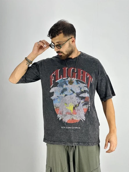 Erkek Yıkamalı Kumaş Baskılı T-Shirt - 3