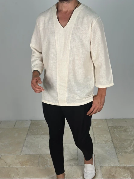 Buldan Kumaş Fakir Kol Bej T-Shirt - 3