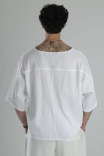Müslin Kumaş Fakir Kol Beyaz T-Shirt - 4