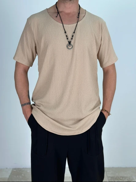 Lycralı Bej T-Shirt - 1