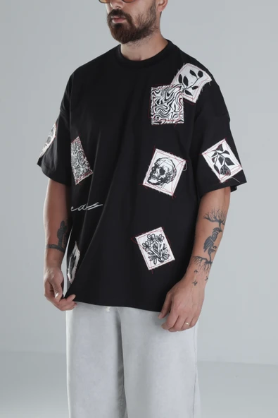 Yama Desenli Siyah Tasarım T-Shirt - 1