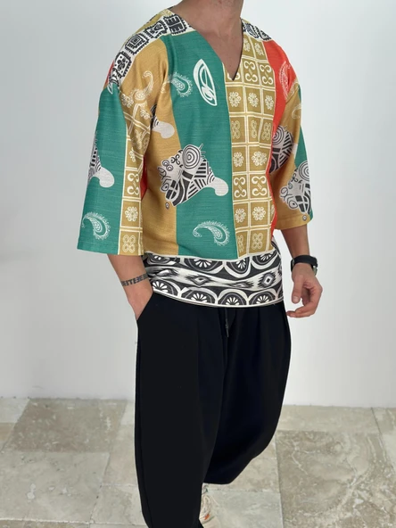 Etnik Desenli Fakir Kol T-Shirt - 2