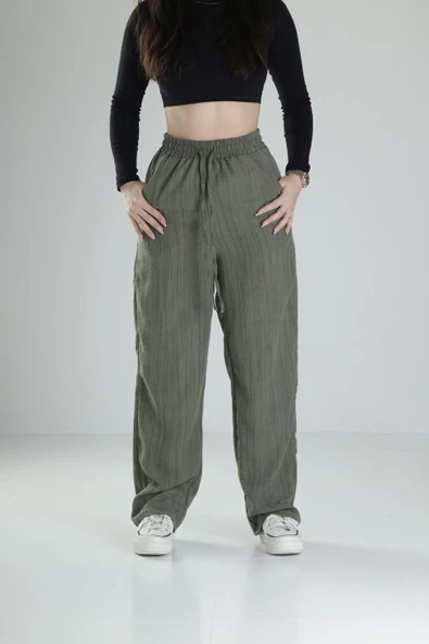 Aerobin Keten Kumaş Yeşil Baggy Pantolon