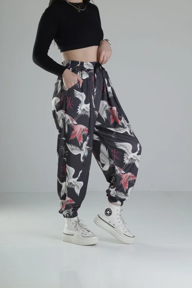 Chinese Kuş Desenli Pileli Jogger - 3
