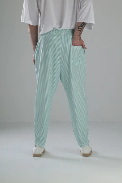 Yeşil Çizgili Bürümcük Kumaş Baget Pantolon - 4