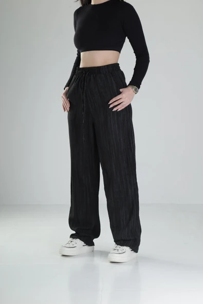 Aerobin Keten Kumaş Siyah Baggy Pantolon - 2