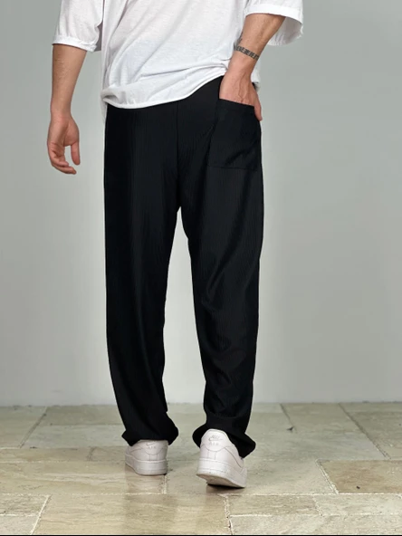 Fitilli Kumaş Siyah Baggy Pantolon - 4