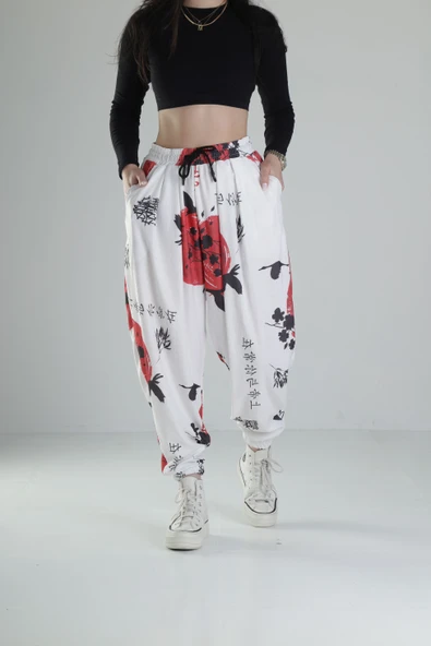 Beyaz Çin Ağacı Desenli Jogger Pantolon