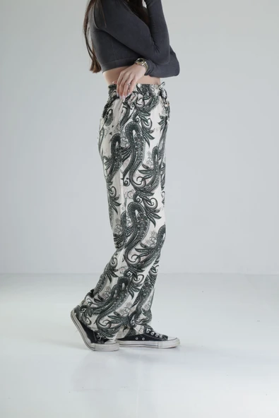 Yeşil Yaprak Desenli Baggy Pantolon - 2